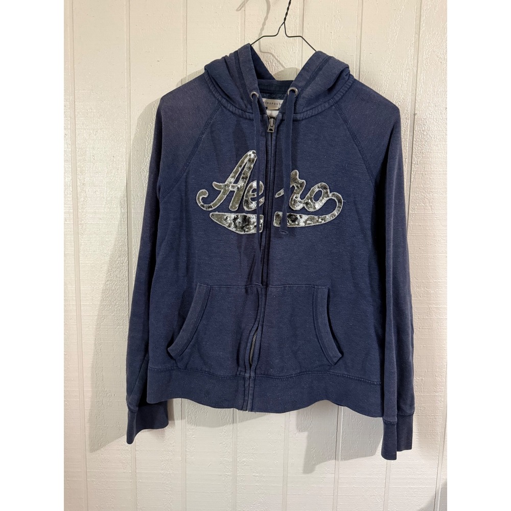 Aeropostale Womens Navy Blue Sequined Logo Full Zip Hoodie Sweatshirt XL